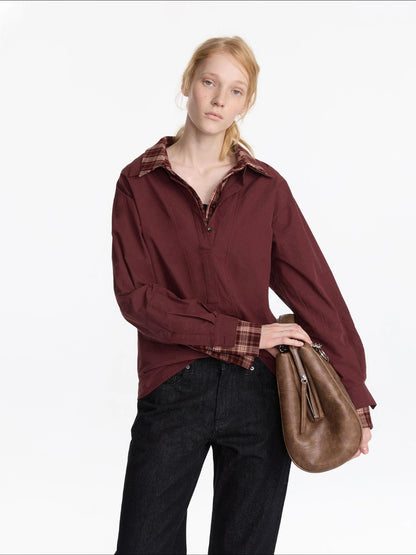 LYUOCHENG Plaid Patchwork Two Tone Long Sleeve Shirt