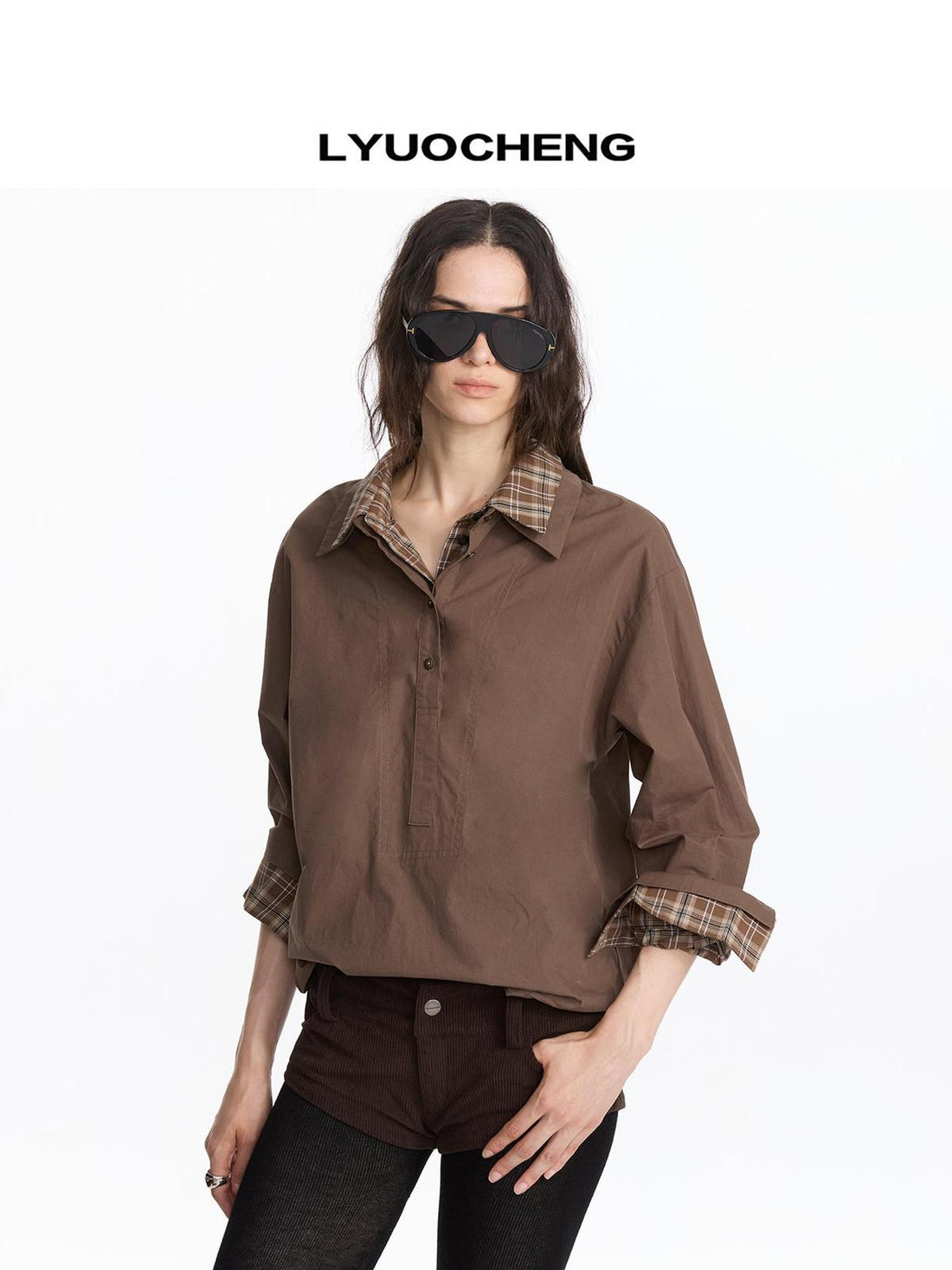 LYUOCHENG Plaid Patchwork Two Tone Long Sleeve Shirt