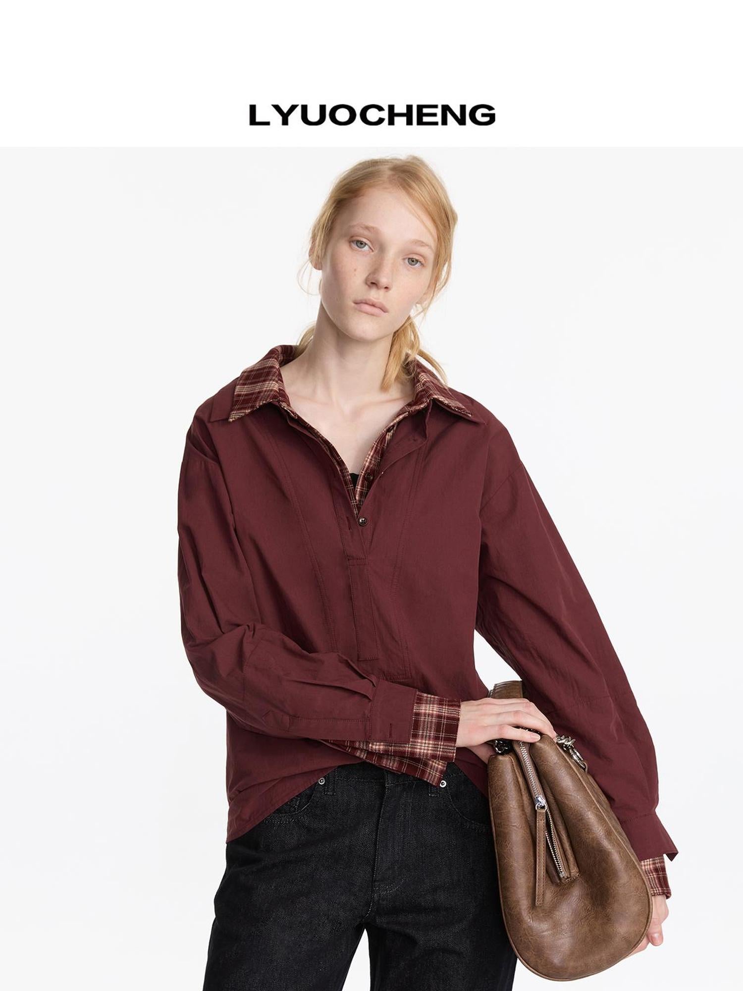 LYUOCHENG Plaid Patchwork Two Tone Long Sleeve Shirt