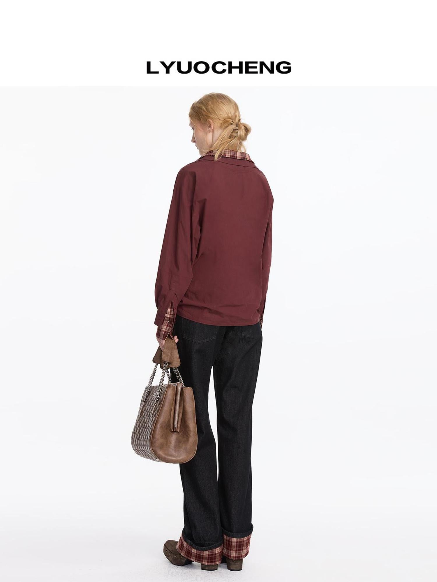 LYUOCHENG Plaid Patchwork Two Tone Long Sleeve Shirt