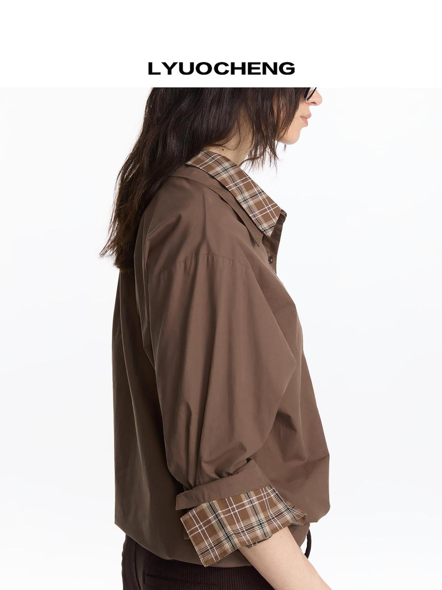 LYUOCHENG Plaid Patchwork Two Tone Long Sleeve Shirt