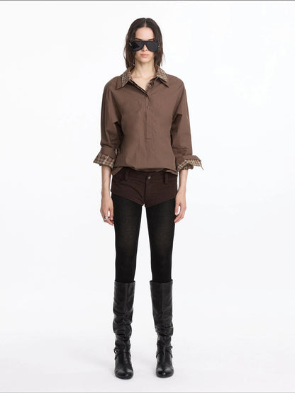 LYUOCHENG Plaid Patchwork Two Tone Long Sleeve Shirt
