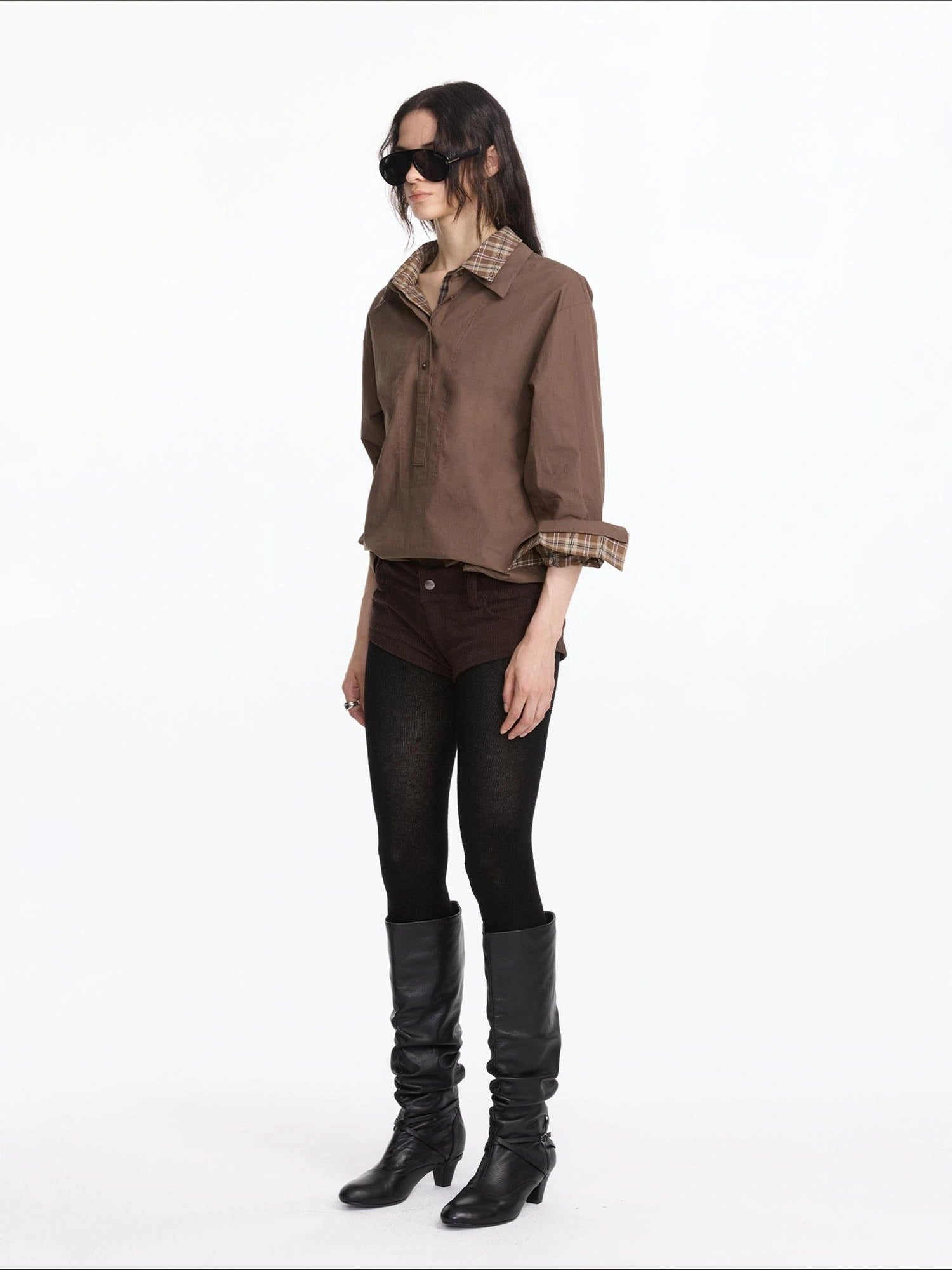LYUOCHENG Plaid Patchwork Two Tone Long Sleeve Shirt