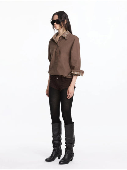 LYUOCHENG Plaid Patchwork Two Tone Long Sleeve Shirt