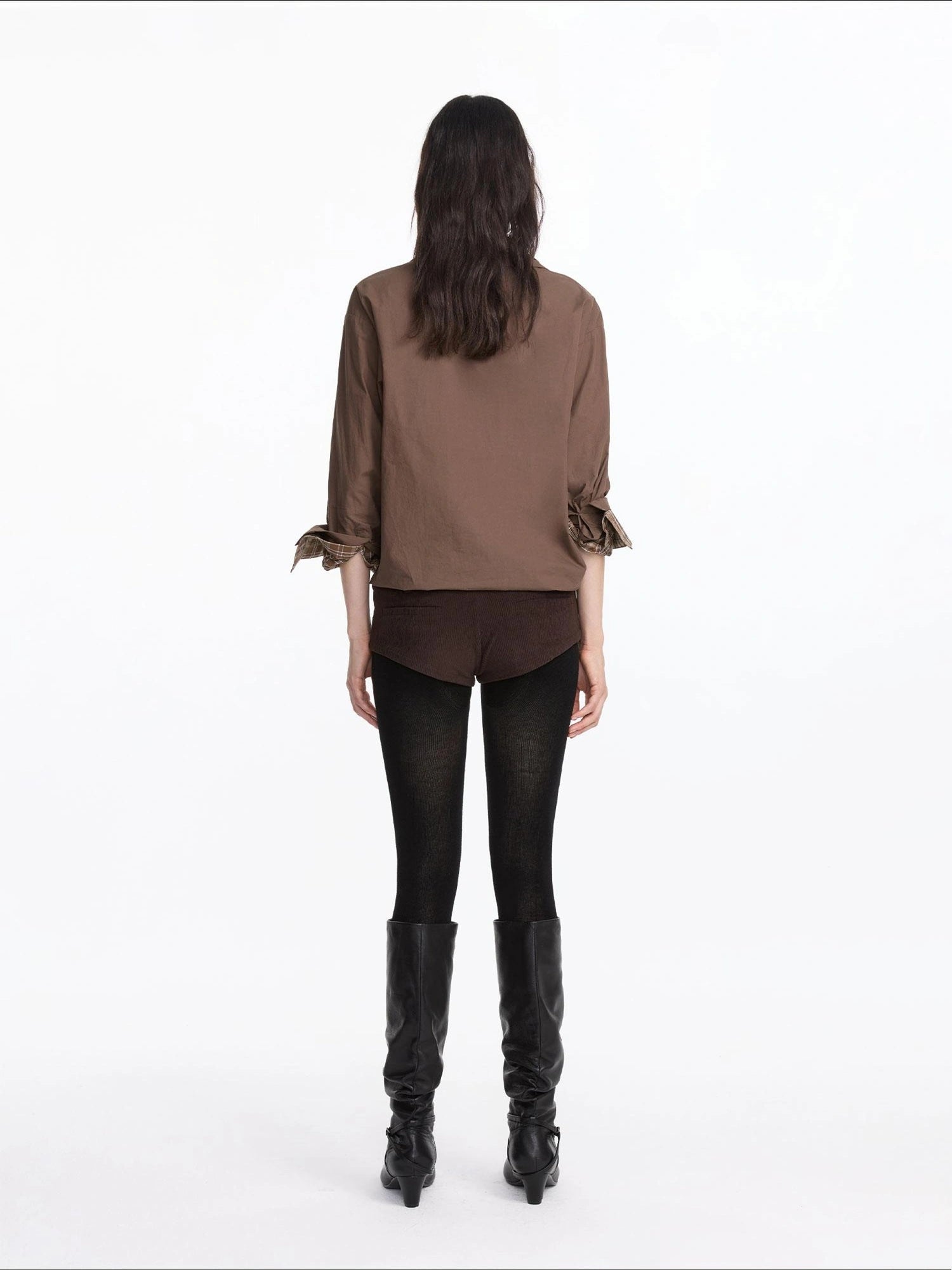 LYUOCHENG Plaid Patchwork Two Tone Long Sleeve Shirt