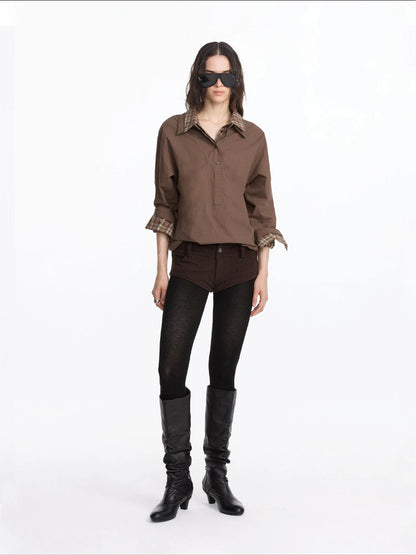LYUOCHENG Plaid Patchwork Two Tone Long Sleeve Shirt