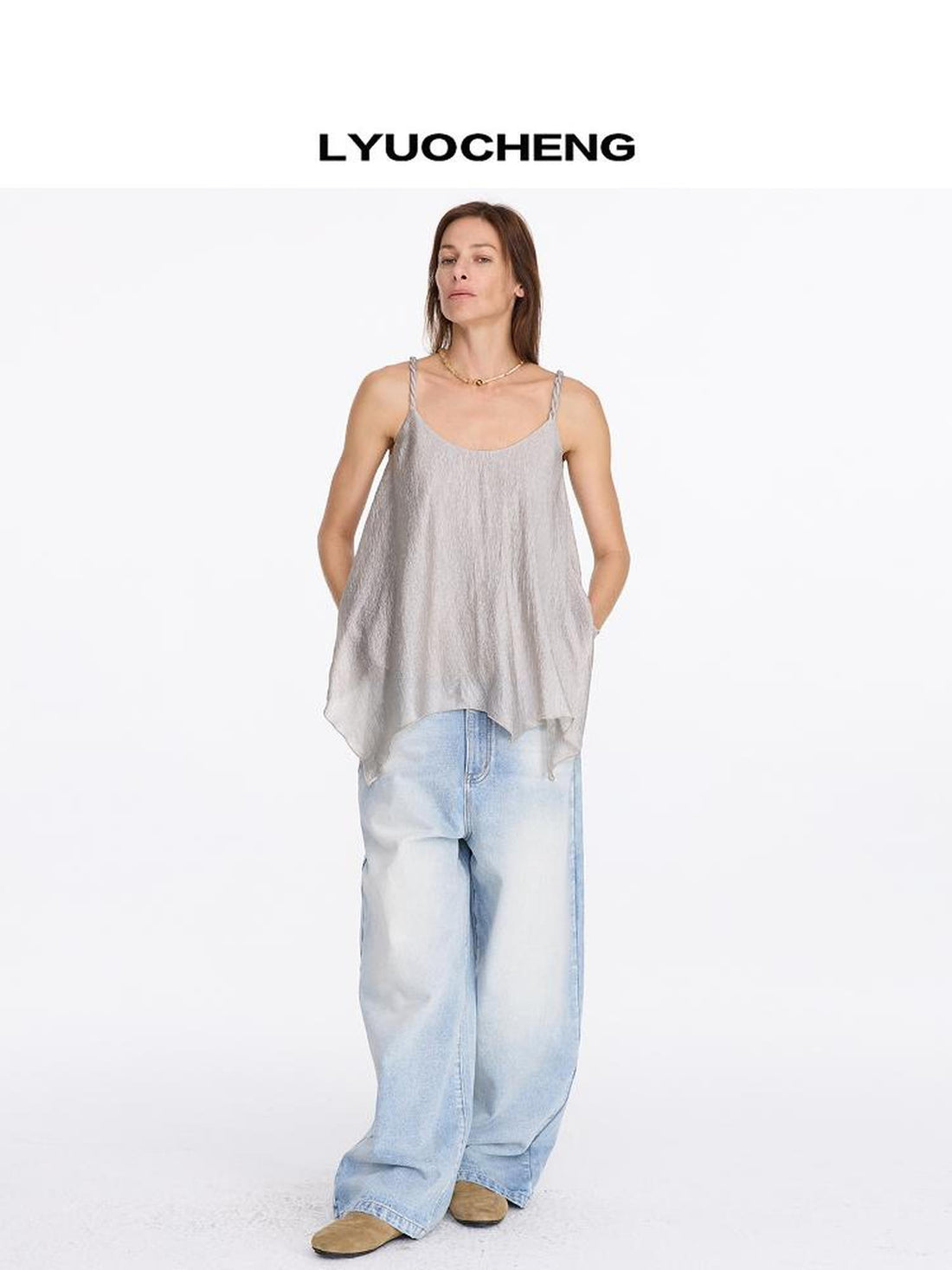 LYUOCHENG Pleated Chiffon Champagne Camisole Top