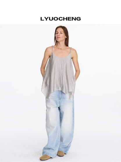 LYUOCHENG Pleated Chiffon Champagne Camisole Top
