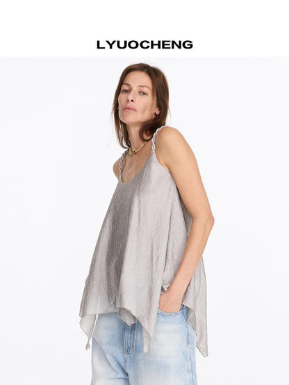 LYUOCHENG Pleated Chiffon Champagne Camisole Top
