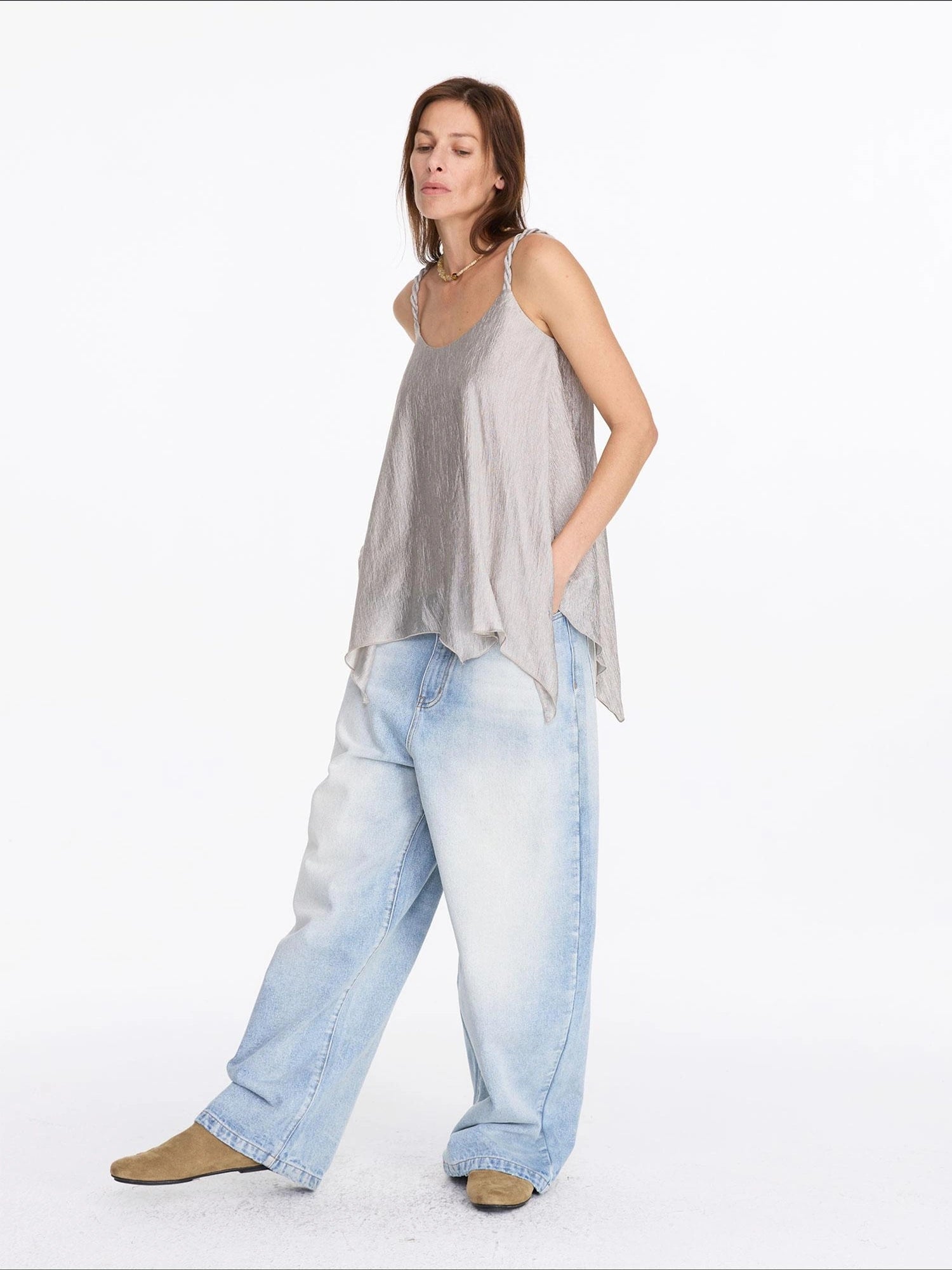 LYUOCHENG Pleated Chiffon Champagne Camisole Top