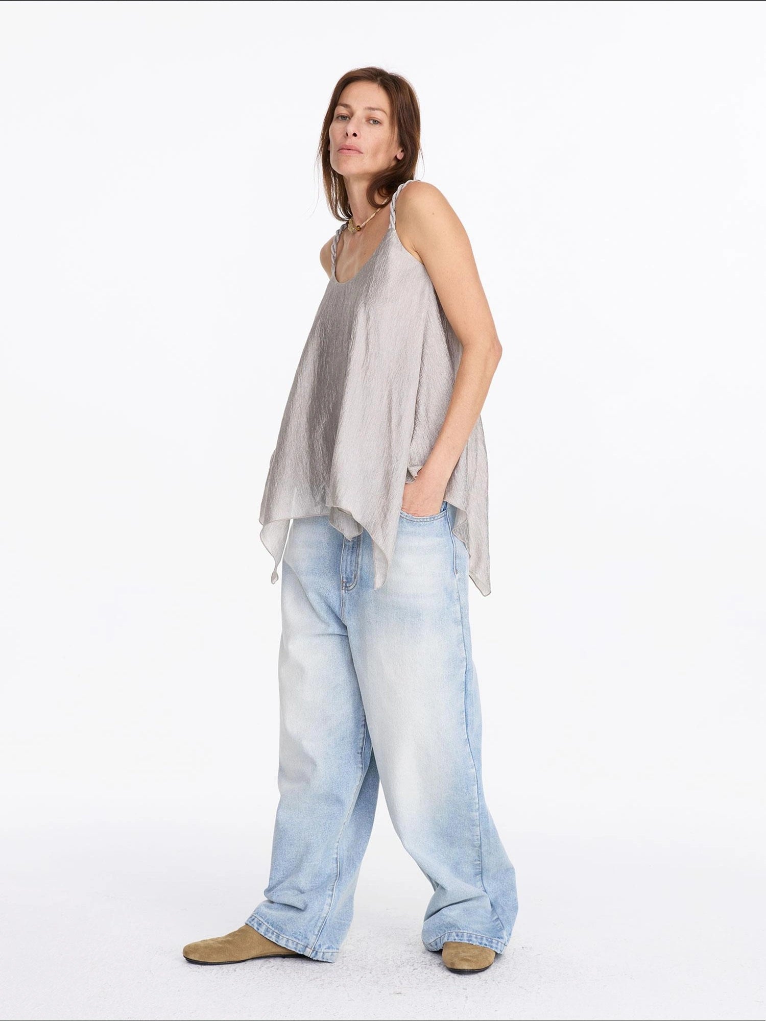 LYUOCHENG Pleated Chiffon Champagne Camisole Top