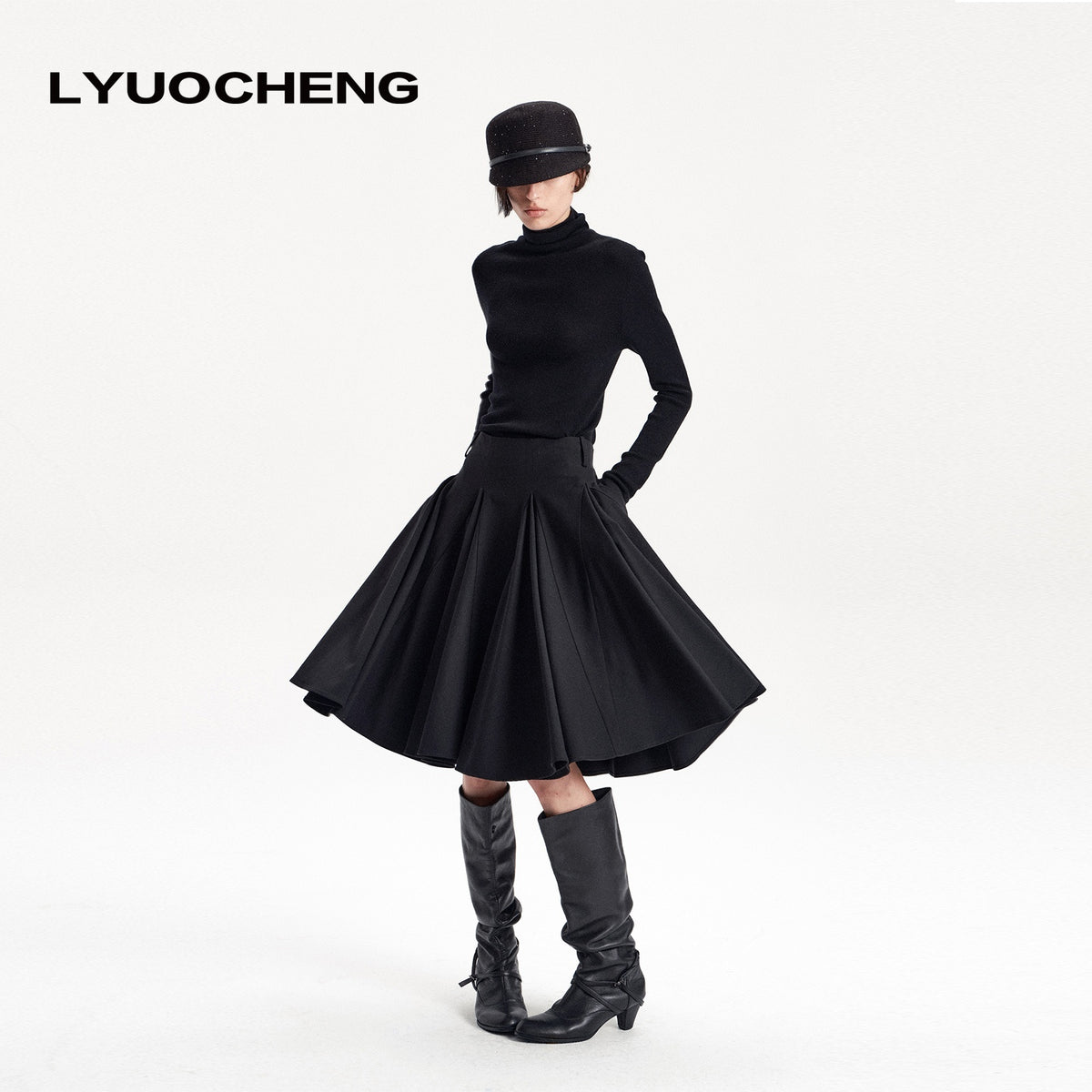 LYUOCHENG_Pleated_Flared_A_Line_Low_Waist_Wool_Blend_Women&