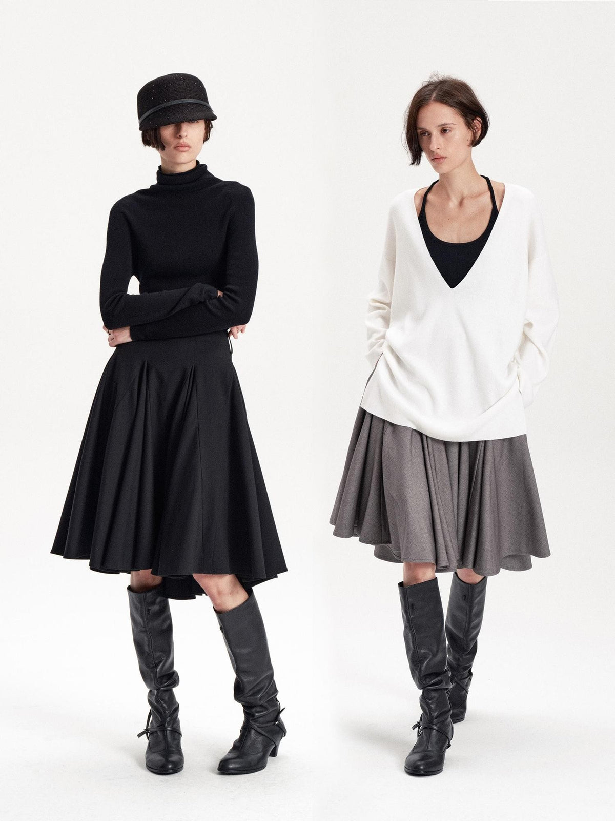 LYUOCHENG Pleated Flared A Line Low Waist Wool Blend Women&