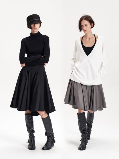 LYUOCHENG Pleated Flared A Line Low Waist Wool Blend Women&