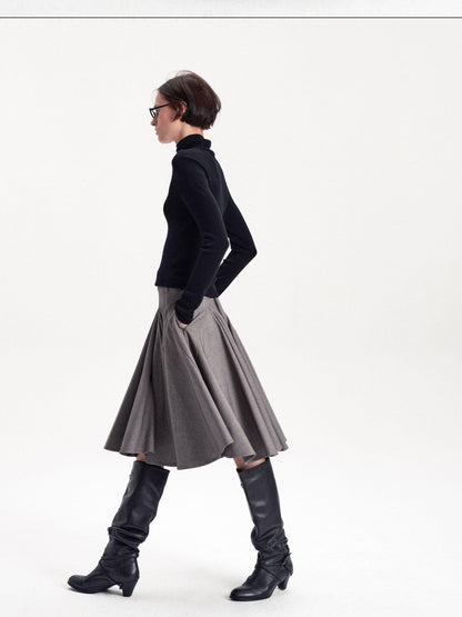 LYUOCHENG Pleated Flared A Line Low Waist Wool Blend Women&