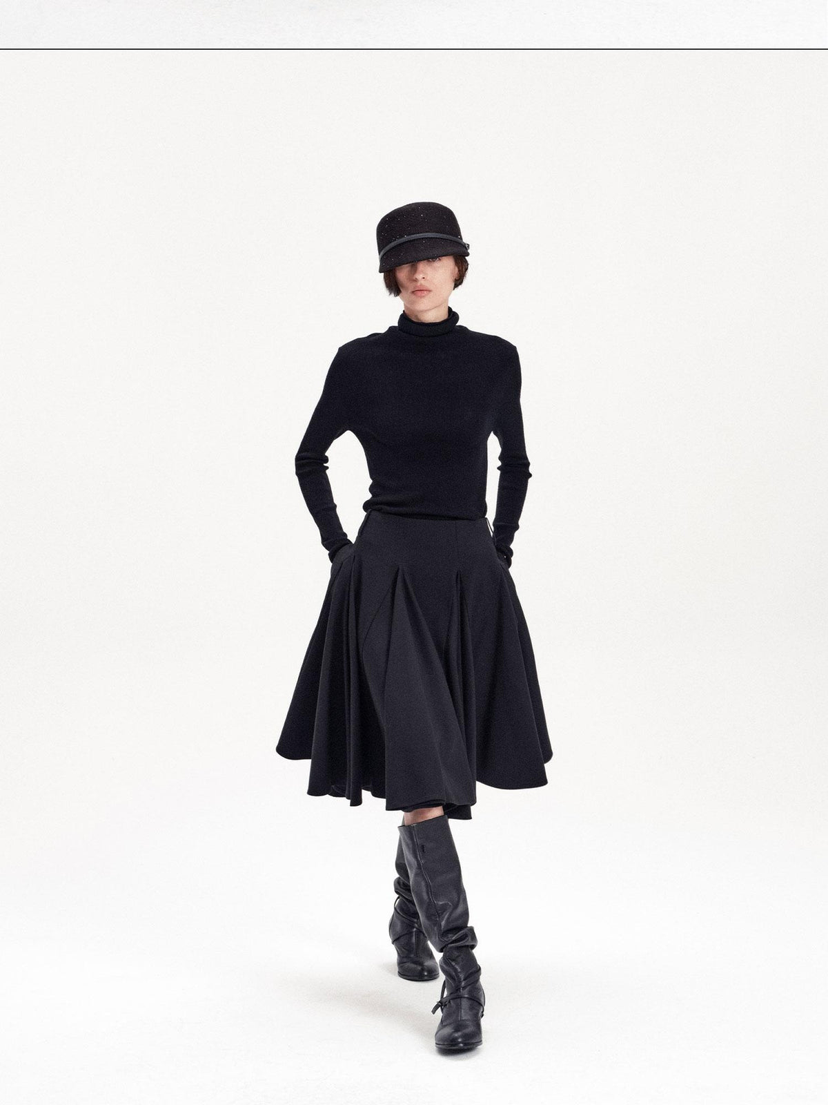 LYUOCHENG Pleated Flared A Line Low Waist Wool Blend Women&