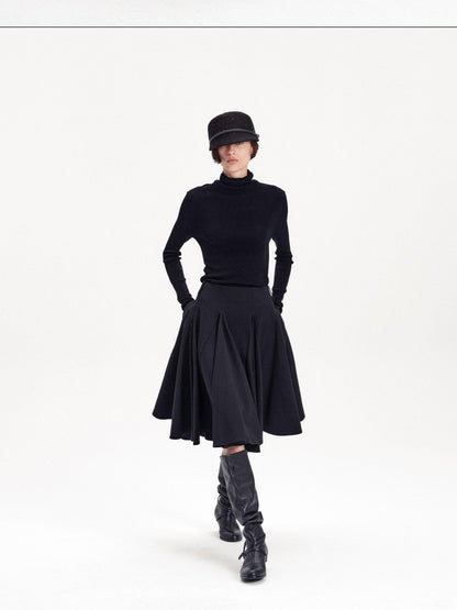 LYUOCHENG Pleated Flared A Line Low Waist Wool Blend Women&