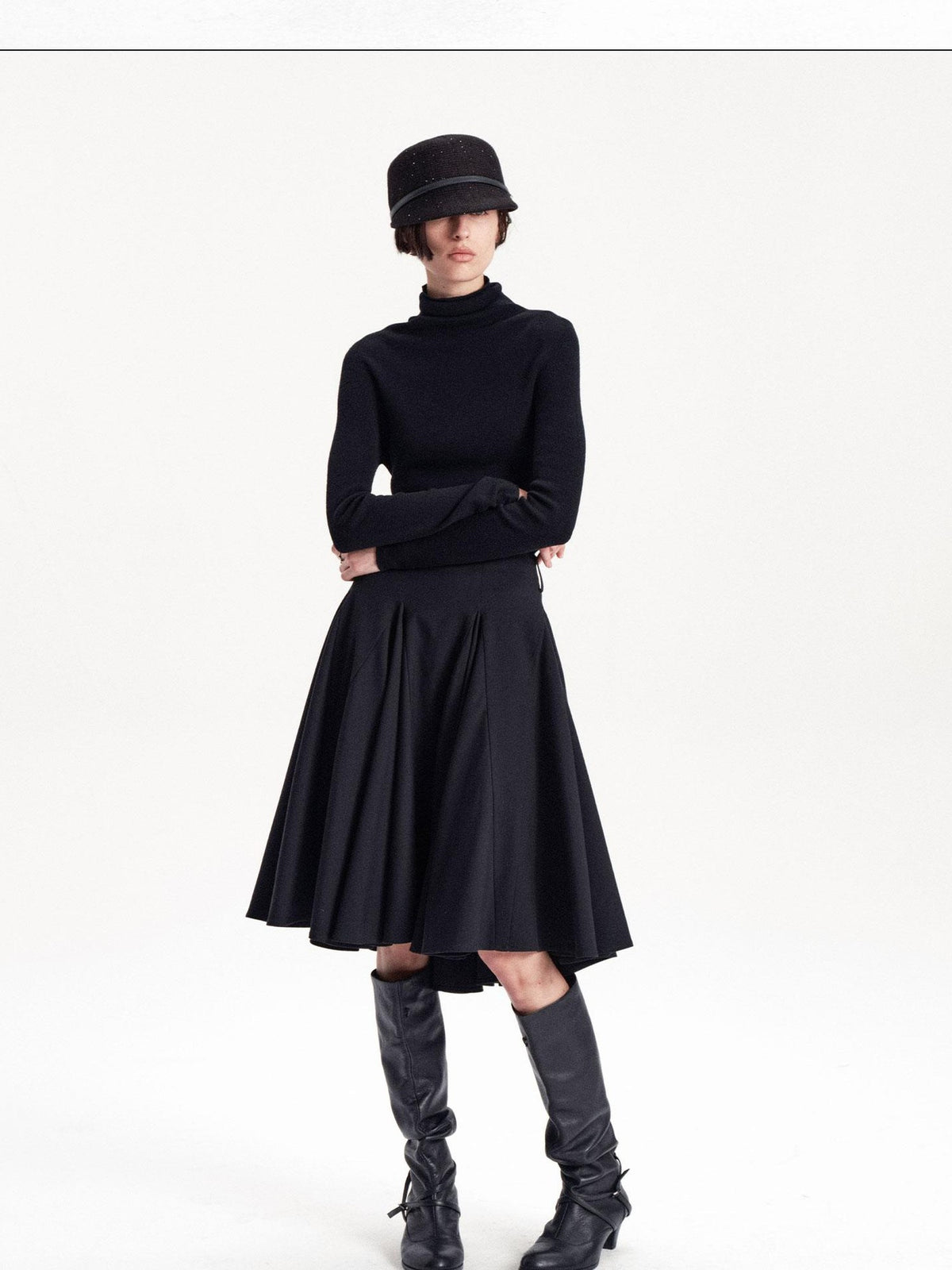 LYUOCHENG Pleated Flared A Line Low Waist Wool Blend Women&