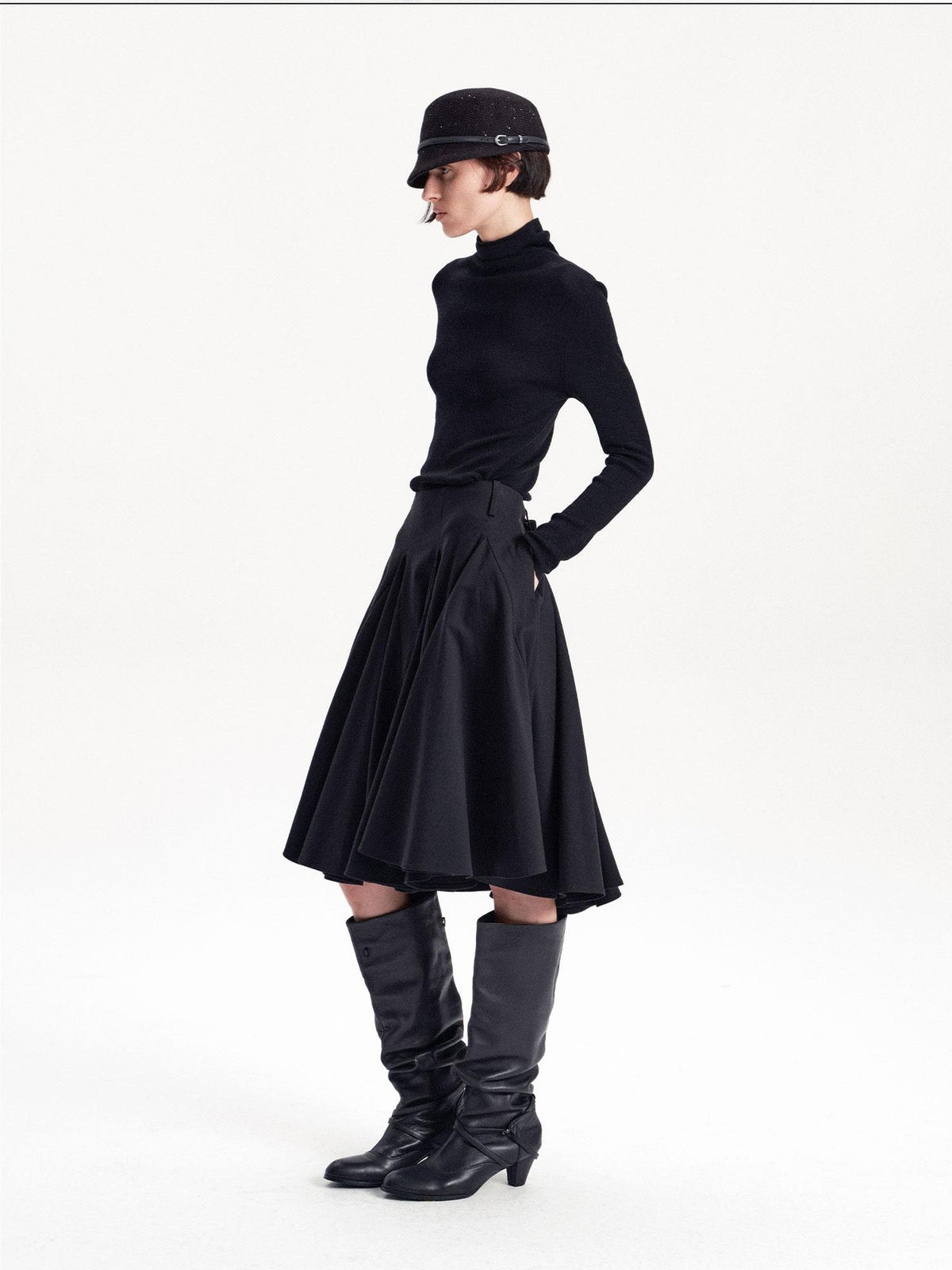 LYUOCHENG Pleated Flared A Line Low Waist Wool Blend Women&