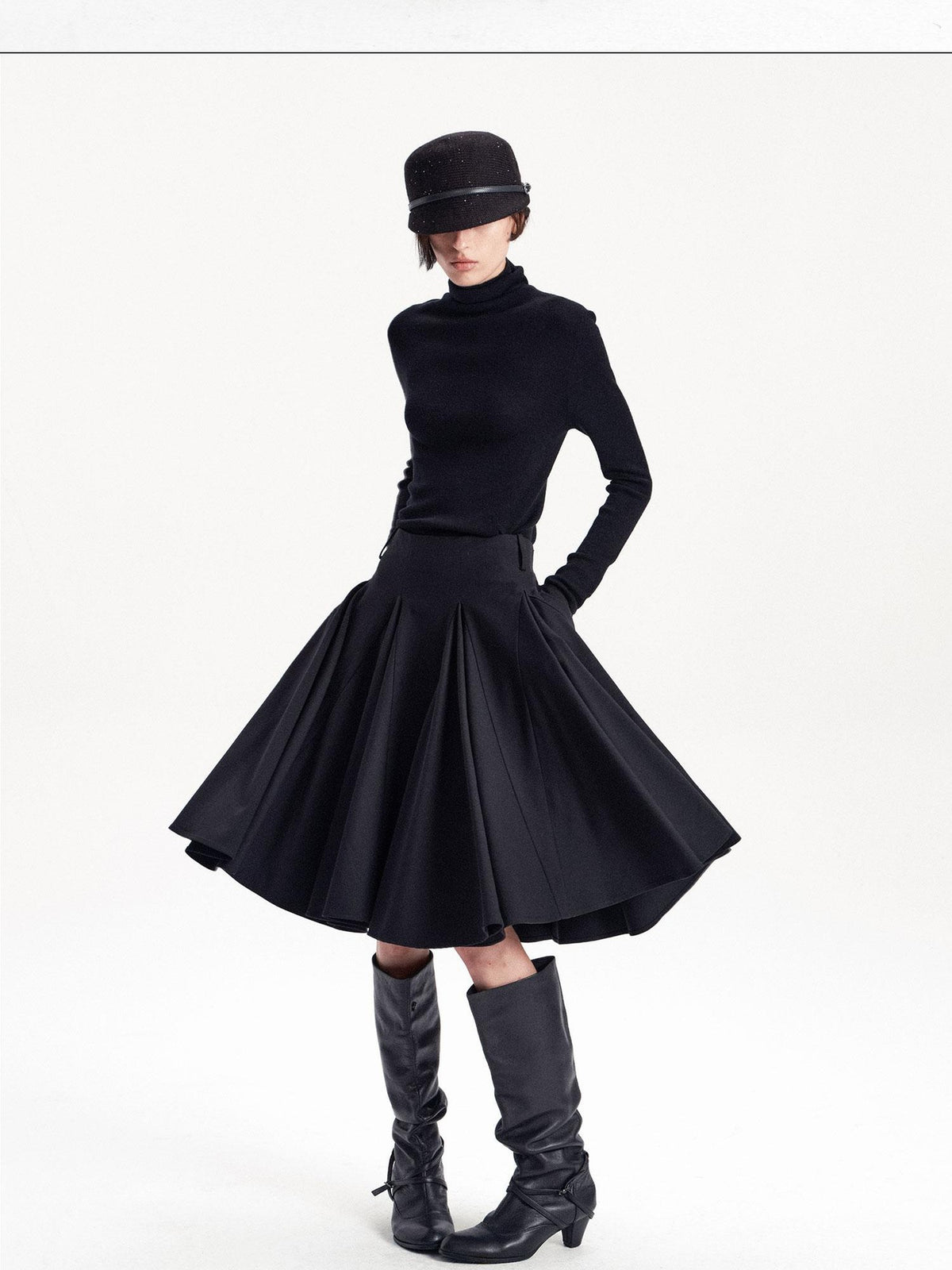 LYUOCHENG Pleated Flared A Line Low Waist Wool Blend Women&