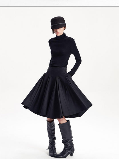 LYUOCHENG Pleated Flared A Line Low Waist Wool Blend Women&