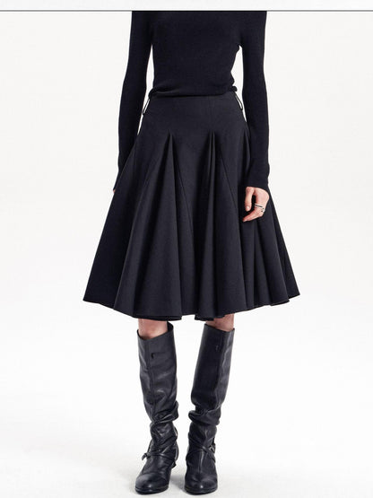 LYUOCHENG Pleated Flared A Line Low Waist Wool Blend Women&