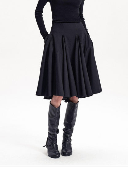 LYUOCHENG Pleated Flared A Line Low Waist Wool Blend Women&