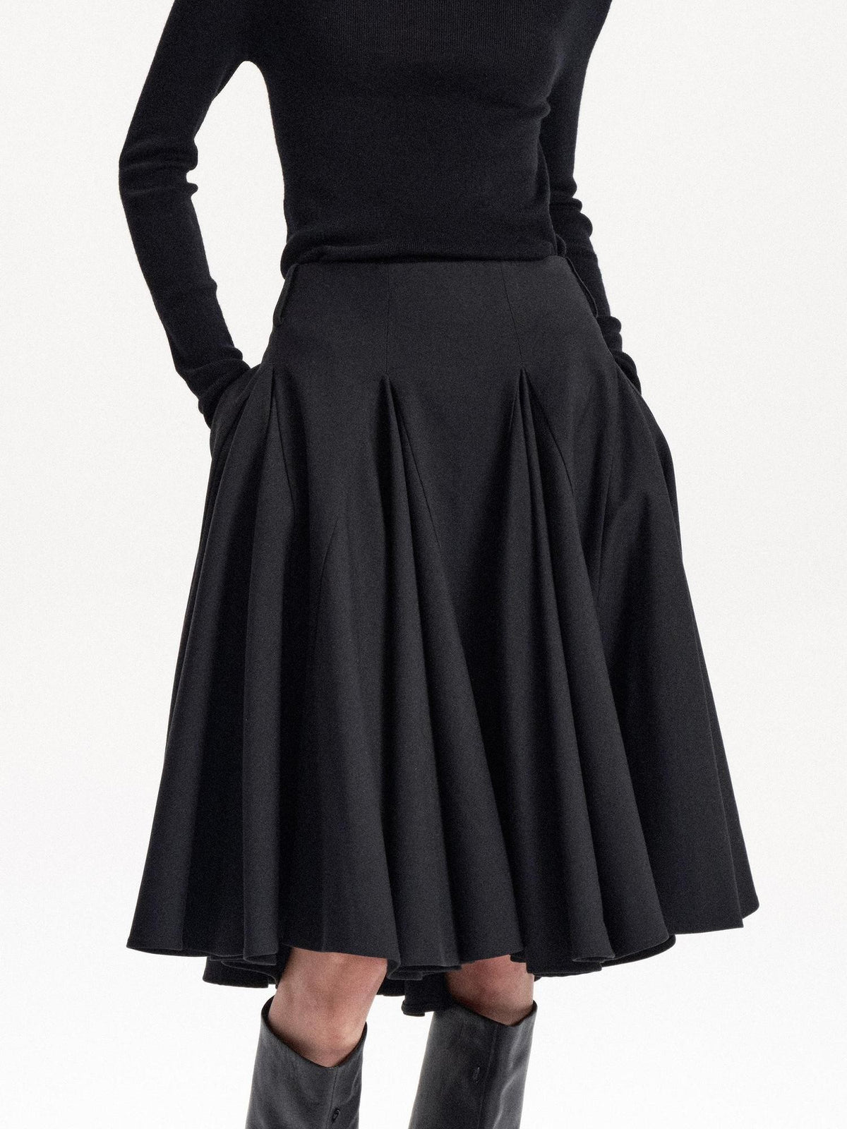 LYUOCHENG Pleated Flared A Line Low Waist Wool Blend Women&