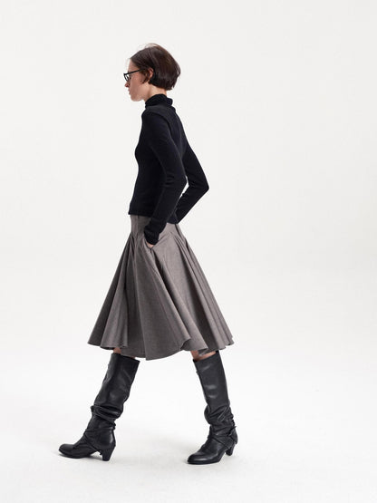 LYUOCHENG Pleated Flared A Line Low Waist Wool Blend Women&