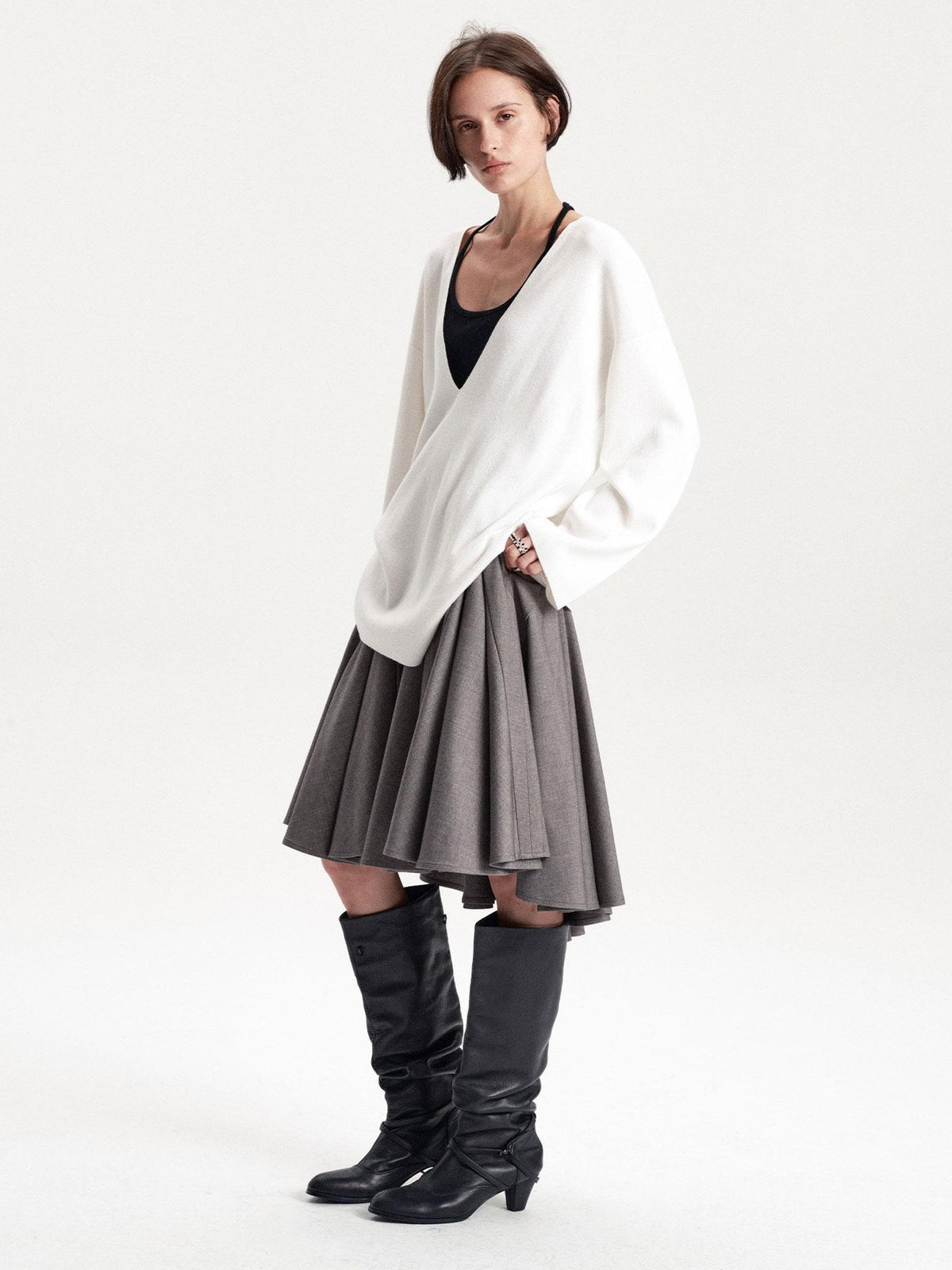 LYUOCHENG Pleated Flared A Line Low Waist Wool Blend Women&