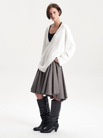 LYUOCHENG Pleated Flared A Line Low Waist Wool Blend Women&