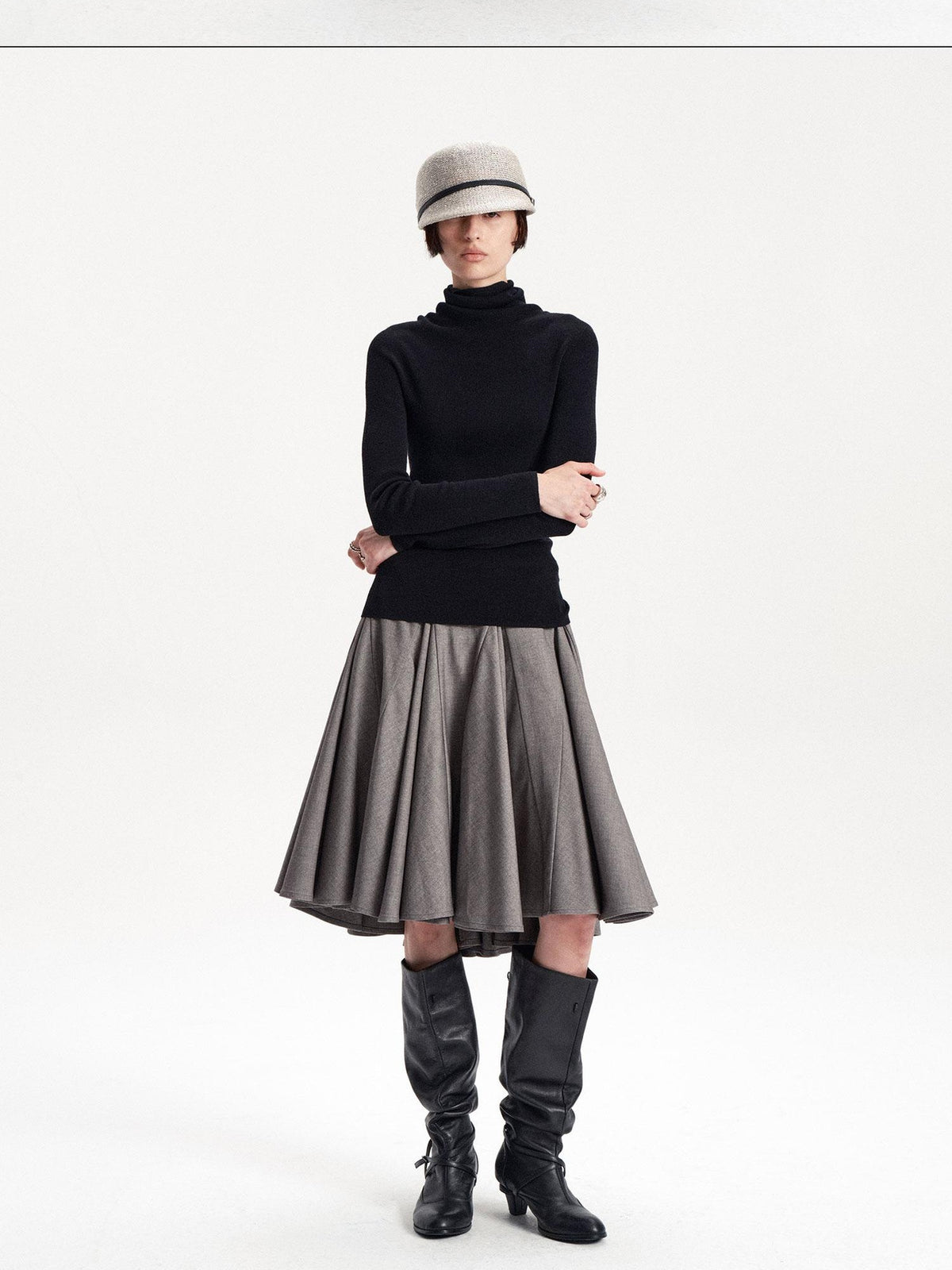 LYUOCHENG Pleated Flared A Line Low Waist Wool Blend Women&