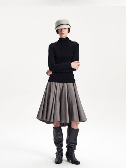 LYUOCHENG Pleated Flared A Line Low Waist Wool Blend Women&