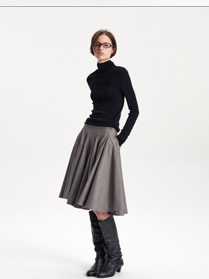 LYUOCHENG Pleated Flared A Line Low Waist Wool Blend Women&
