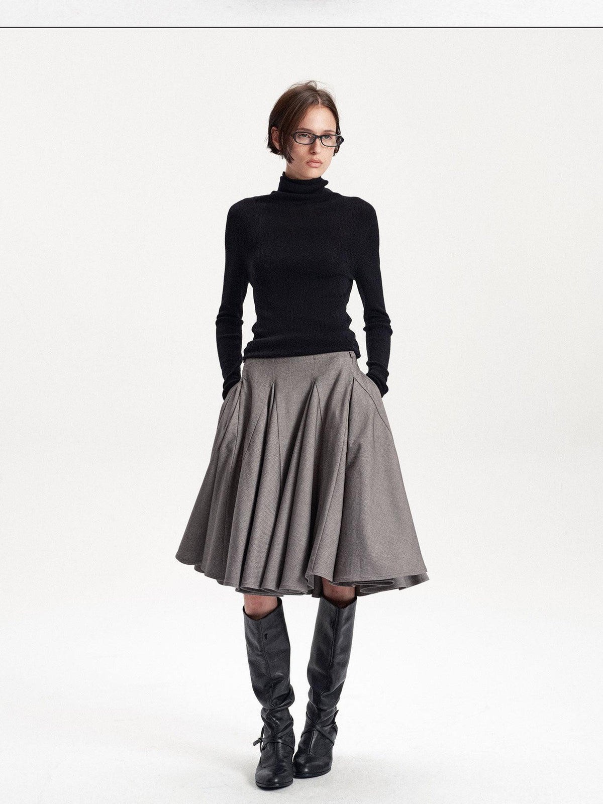 LYUOCHENG Pleated Flared A Line Low Waist Wool Blend Women&