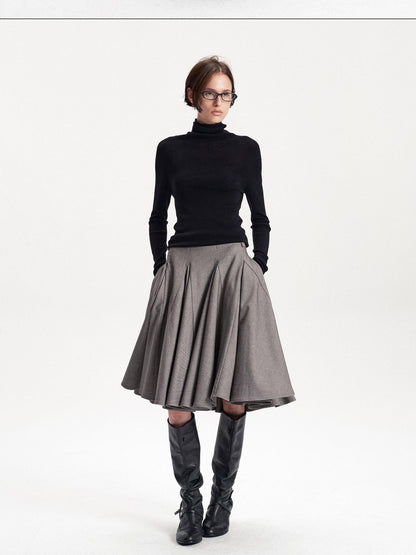 LYUOCHENG Pleated Flared A Line Low Waist Wool Blend Women&