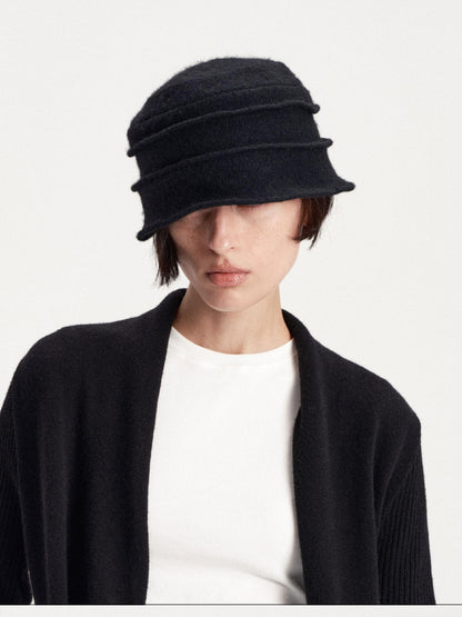 LYUOCHENG Pleated Round Crown Solid Color Wool Blend Warm Women&