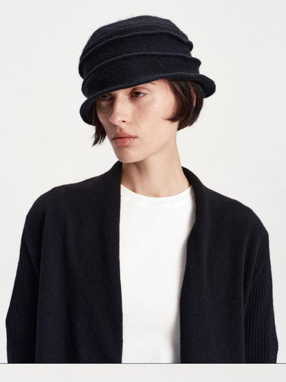 LYUOCHENG Pleated Round Crown Solid Color Wool Blend Warm Women&