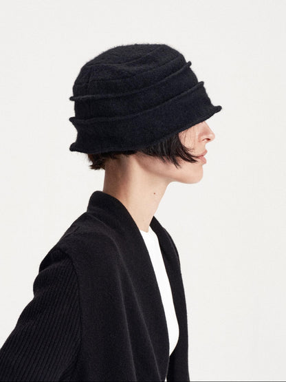 LYUOCHENG Pleated Round Crown Solid Color Wool Blend Warm Women&