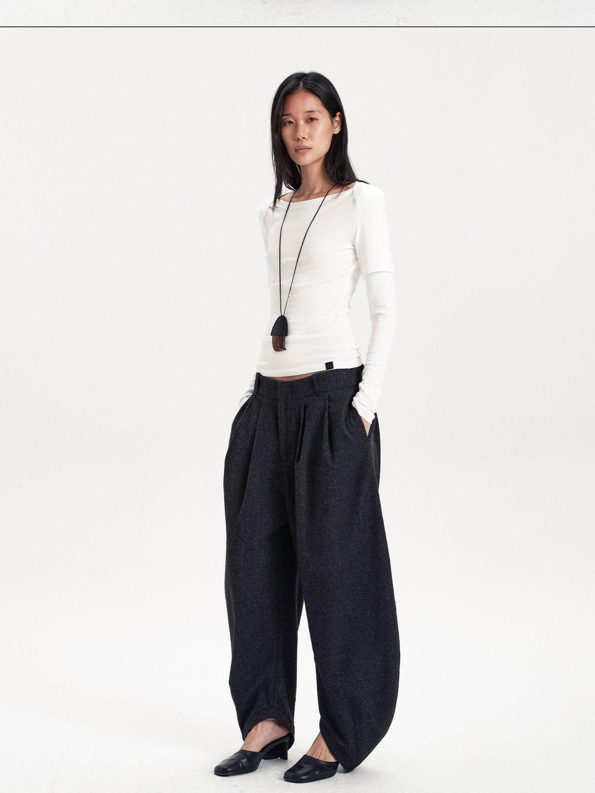 LYUOCHENG Pleated Solid Split Hem Wool Blend Women&