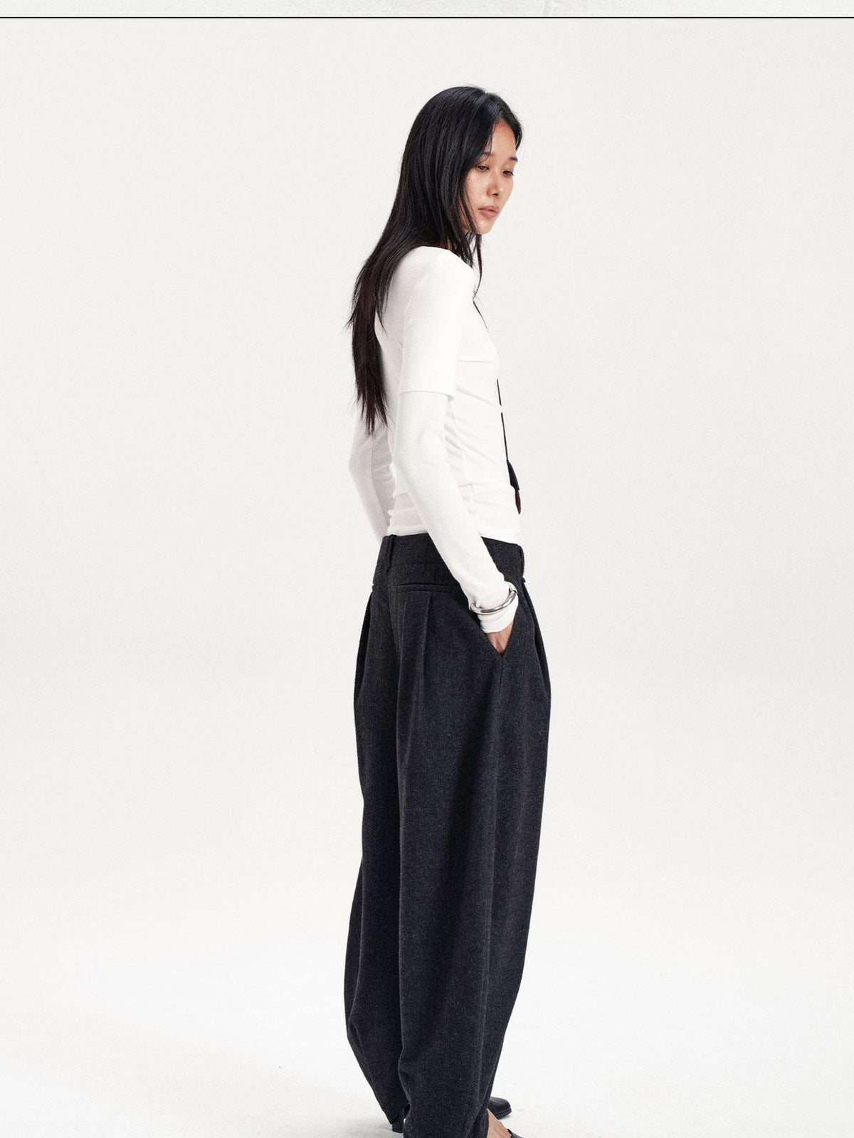 LYUOCHENG Pleated Solid Split Hem Wool Blend Women&