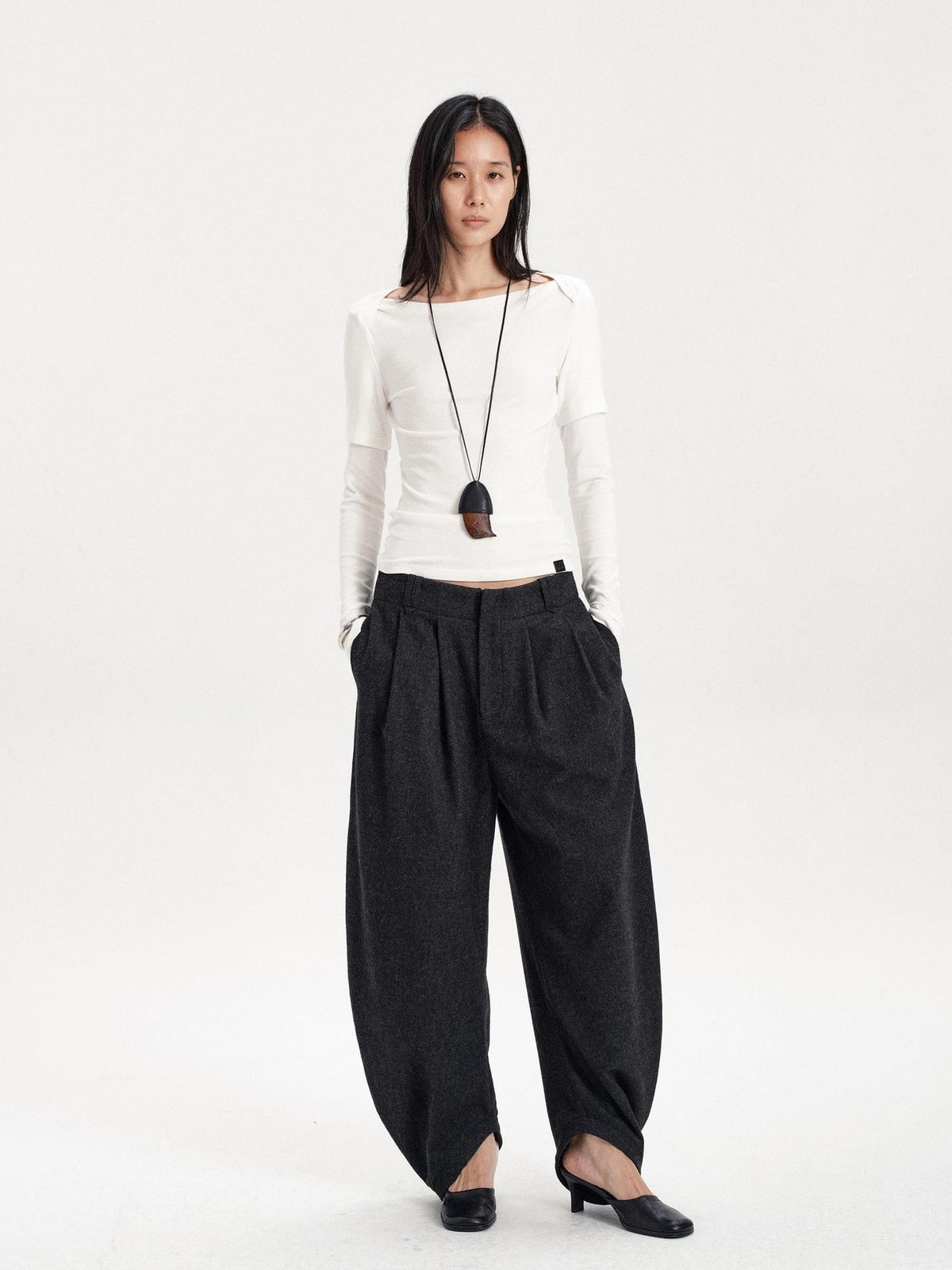 LYUOCHENG Pleated Solid Split Hem Wool Blend Women&