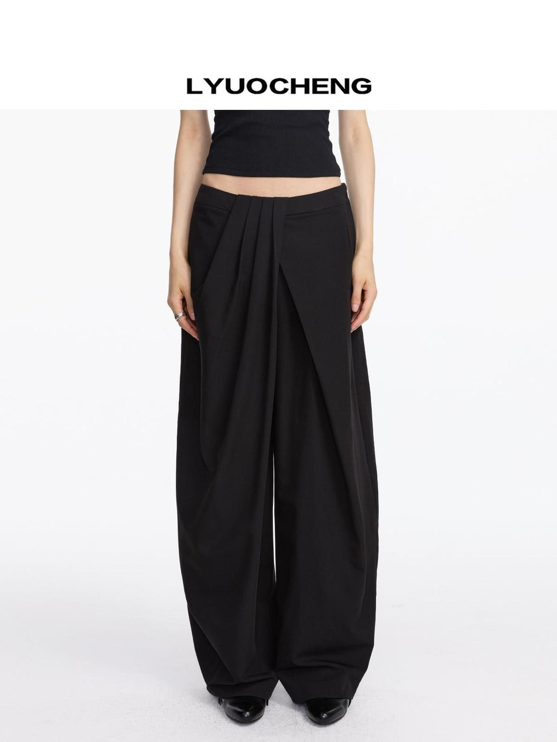 LYUOCHENG Pleated Wide Leg Trousers With Asymmetric Waist