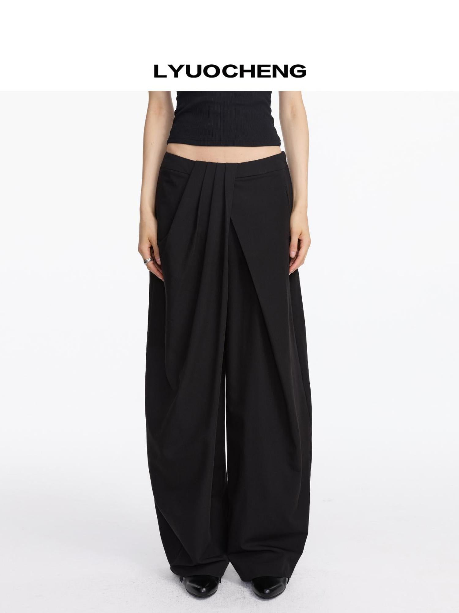 LYUOCHENG Pleated Wide Leg Trousers With Asymmetric Waist