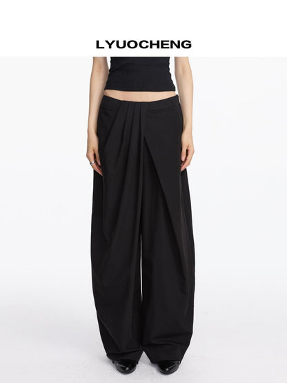 LYUOCHENG Pleated Wide Leg Trousers With Asymmetric Waist