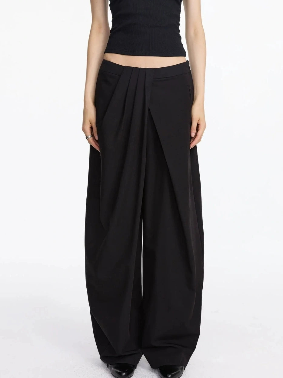 LYUOCHENG Pleated Wide Leg Trousers With Asymmetric Waist