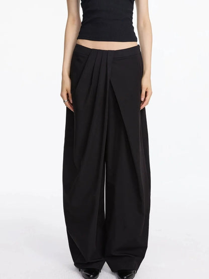 LYUOCHENG Pleated Wide Leg Trousers With Asymmetric Waist