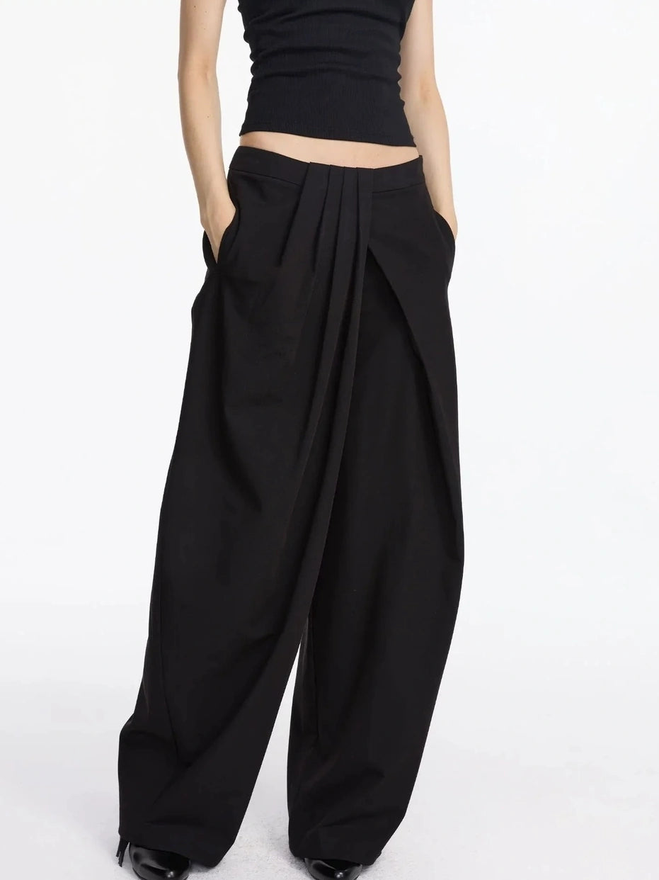 LYUOCHENG Pleated Wide Leg Trousers With Asymmetric Waist
