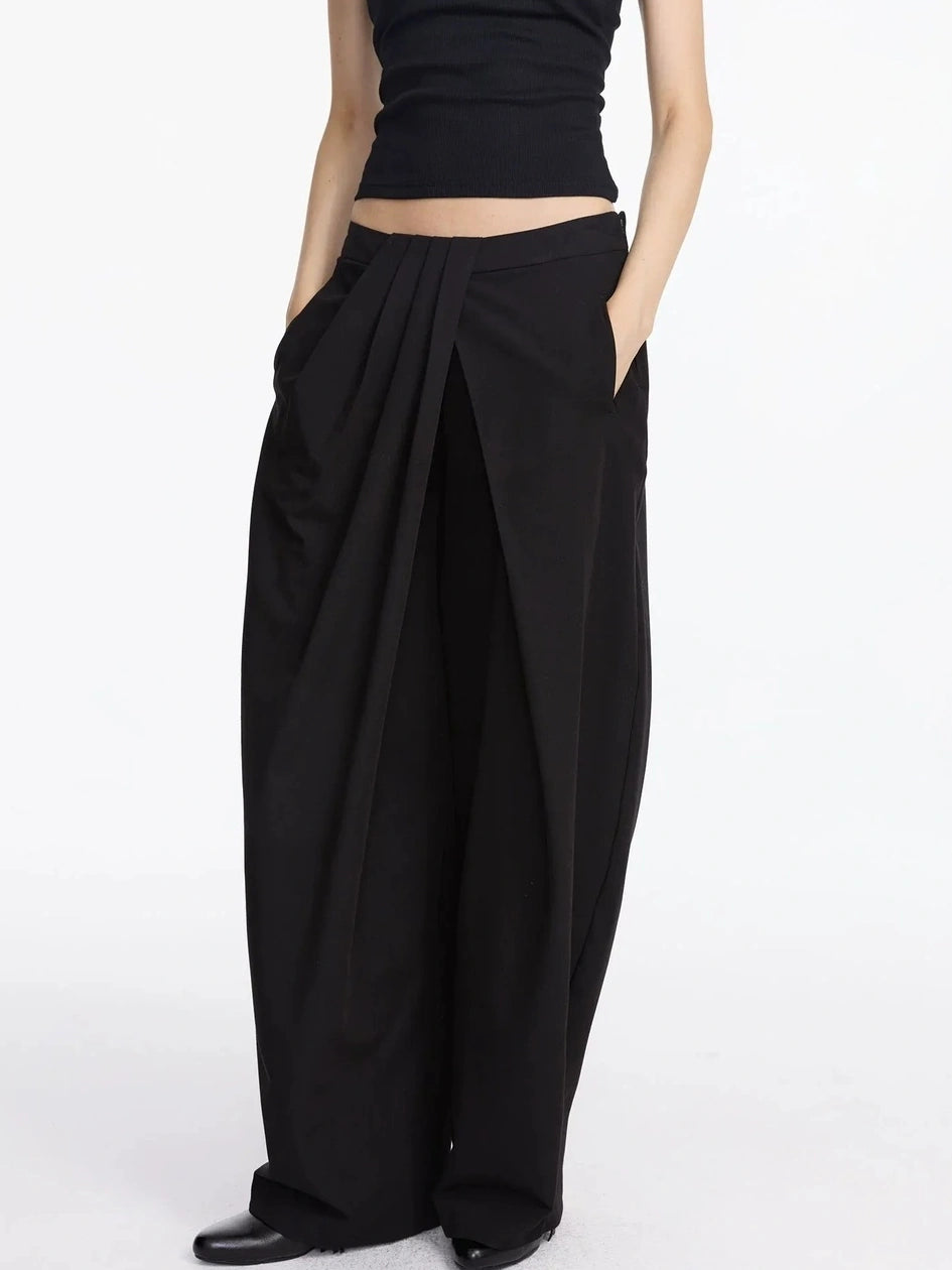 LYUOCHENG Pleated Wide Leg Trousers With Asymmetric Waist