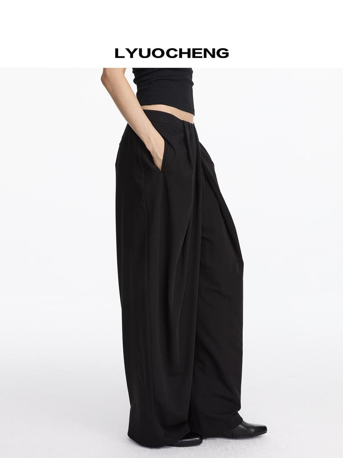 LYUOCHENG Pleated Wide Leg Trousers With Asymmetric Waist